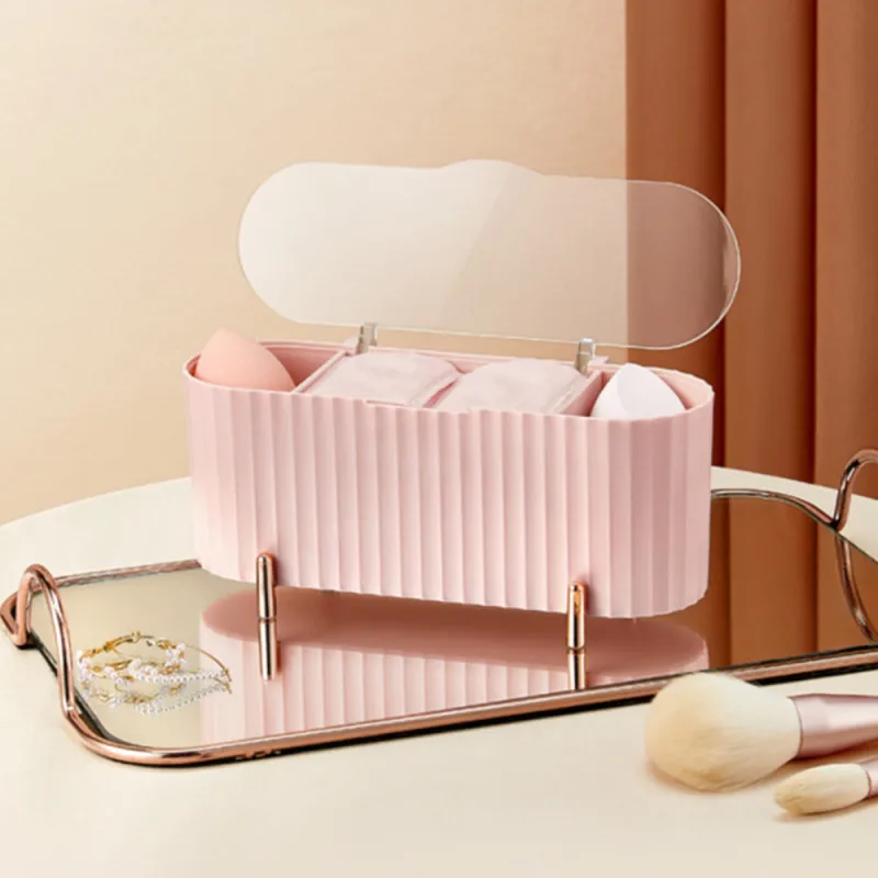 Cosmetic Storage Box With Lid, Dustproof Desktop Makeup Organizer, Cotton Powder Puff Storage Box Bathroom Organizer Box