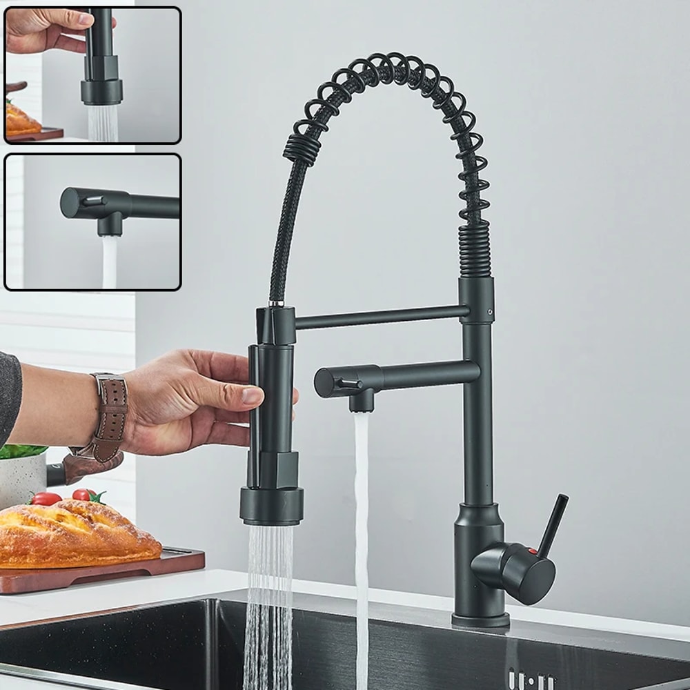 Black Kitchen Sink Faucet Pull Down Hot And Cold Water Mixer 2 Mode Tap With Dual Spout Rotation Fl