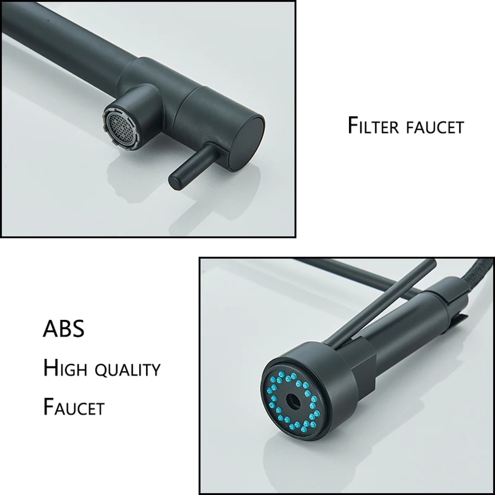 Black Kitchen Sink Faucet Pull Down Hot And Cold Water Mixer 2 Mode Tap With Dual Spout Rotation Fl