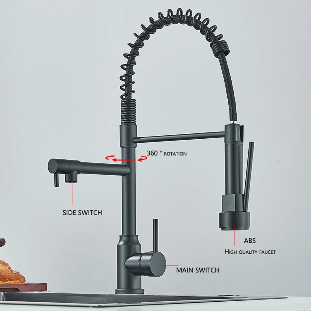 Black Kitchen Sink Faucet Pull Down Hot And Cold Water Mixer 2 Mode Tap With Dual Spout Rotation Fl