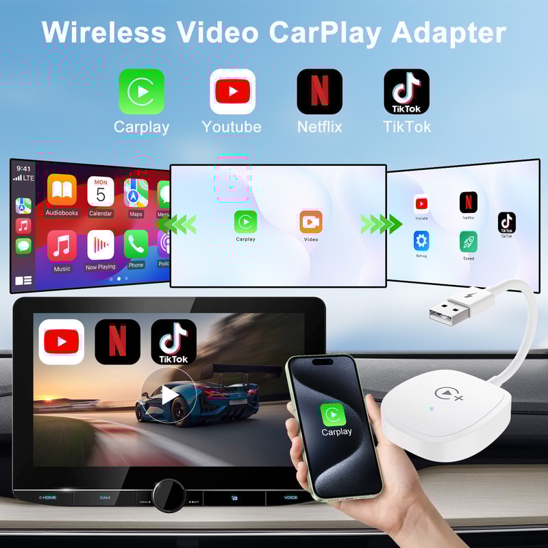 Wireless Video CarPlay Adapter with Netflix, YouTube, TikTok, For OEM Wired CarPlay Cars