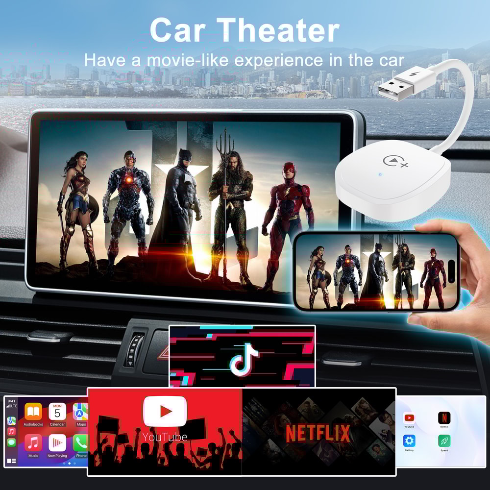 Wireless Video CarPlay Adapter with Netflix, YouTube, TikTok, For OEM Wired CarPlay Cars