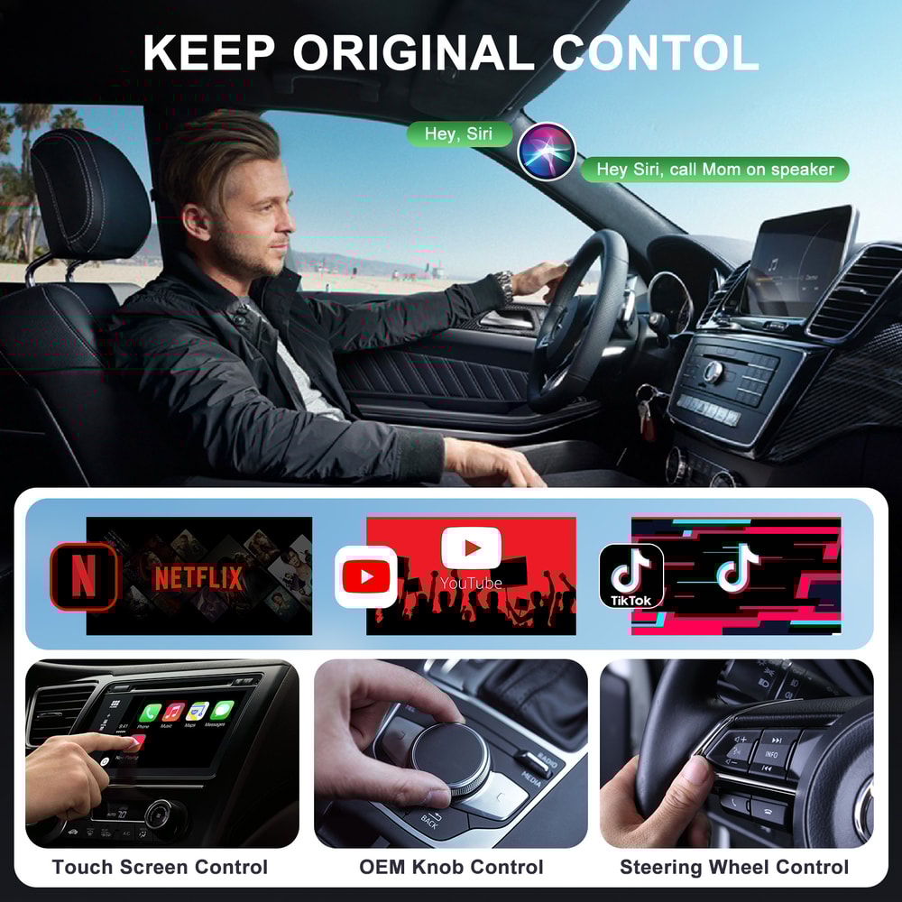 Wireless Video CarPlay Adapter with Netflix, YouTube, TikTok, For OEM Wired CarPlay Cars