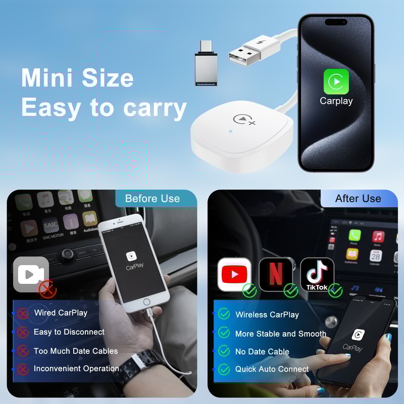 Wireless Video CarPlay Adapter with Netflix, YouTube, TikTok, For OEM Wired CarPlay Cars
