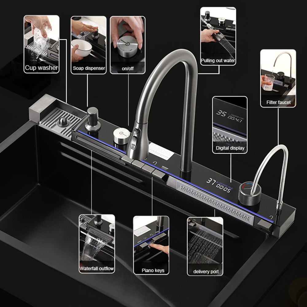 Stainless Steel Waterfall Kitchen Sink Large Single Slot Integrated Digital Display Faucet Soap Dis 0