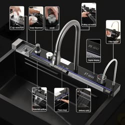 stainless steel waterfall kitchen sink, large single slot, integrated digital display faucet, soap dispenser, cup washer