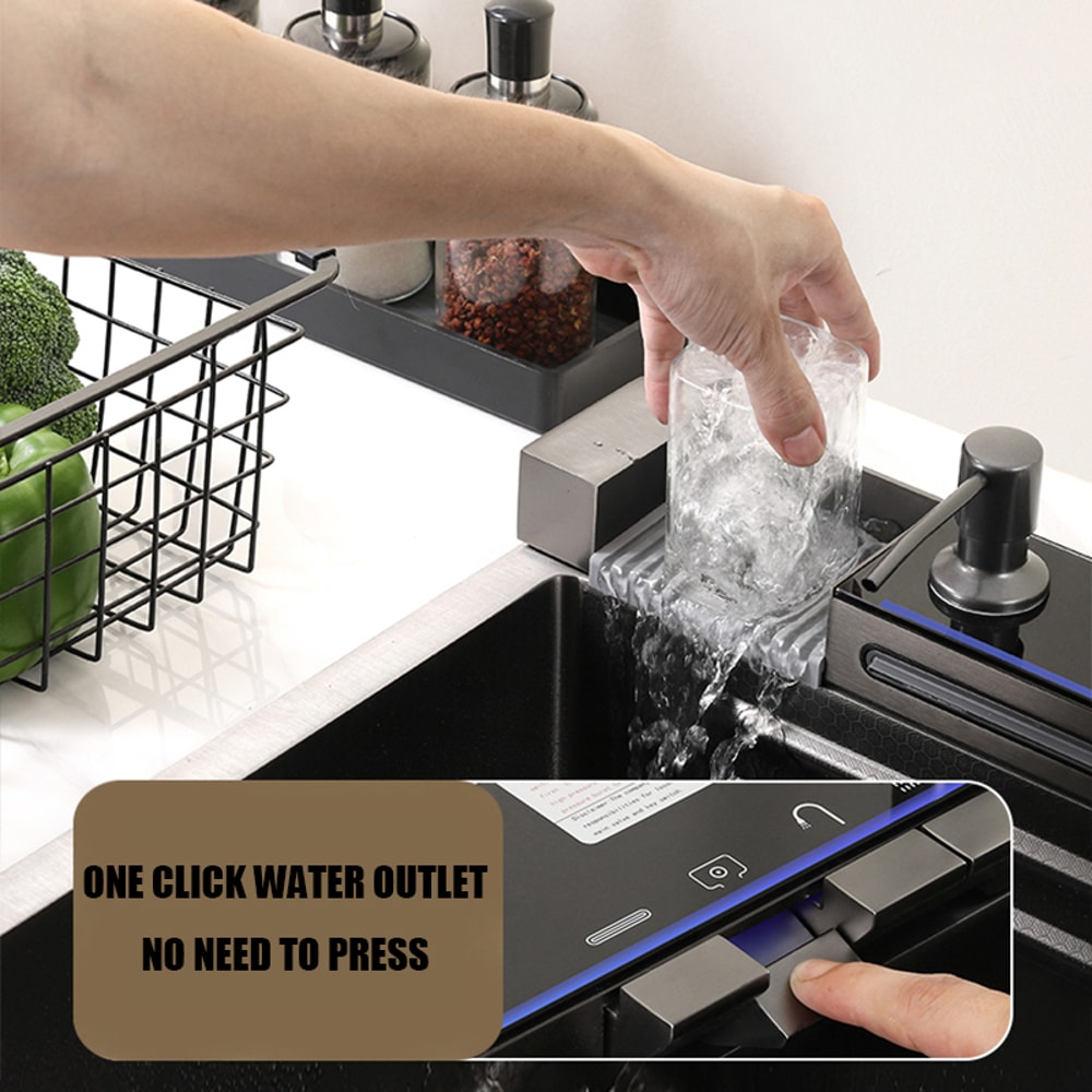 Stainless Steel Waterfall Kitchen Sink Large Single Slot Integrated Digital Display Faucet Soap Dis 4
