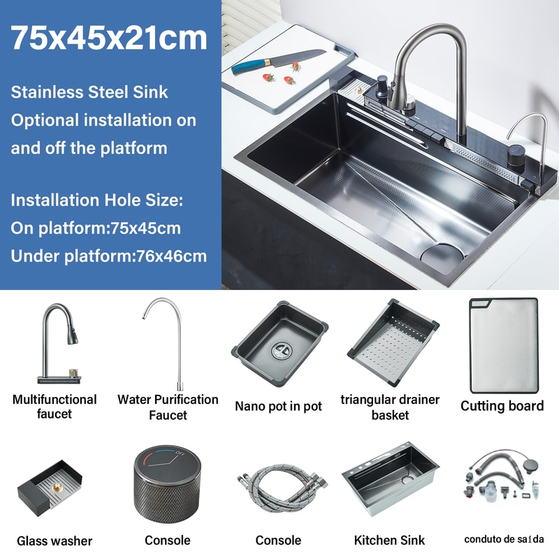 Stainless Steel Waterfall Kitchen Sink Large Single Slot Integrated Digital Display Faucet Soap Dis 5