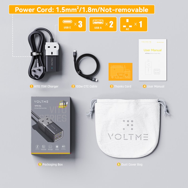VOLTME Charging Station, USB C Charger, Portable Power Strip, Super Fast Charging for iPhone, GaN Desktop Charger