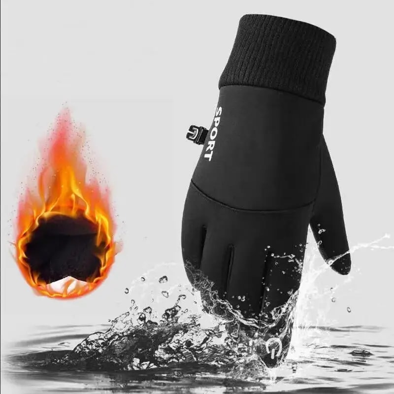 Black Winter Warm Full Fingers Waterproof Cycling Gloves, Touch Screen Fleece Gloves for Running Motorcycle Ski Sports