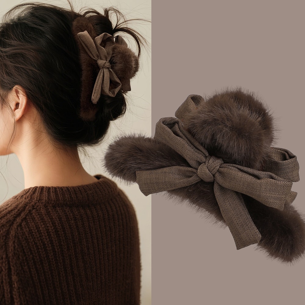 Autumn/Winter Fashion Rabbit Fur Bow Hair Clip, Women's Large Plush Shark Clip Hairpin Back Head