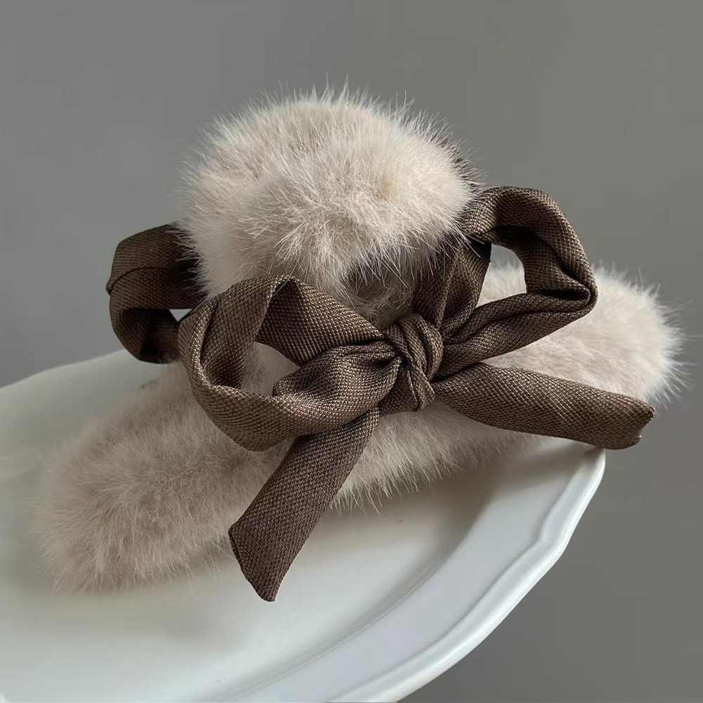 Autumn/Winter Fashion Rabbit Fur Bow Hair Clip, Women's Large Plush Shark Clip Hairpin Back Head