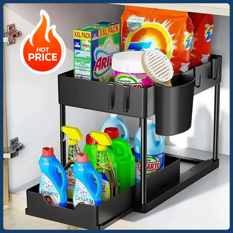 2 Tier Under Sink Organizer Sliding Cabinet Organizer Storage Rack With Hooks Hanging Cup Bathroom 2