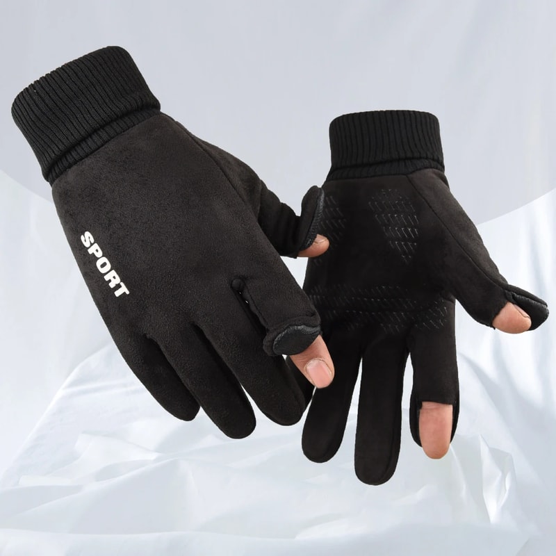 Faux Suede Gloves Winter Men, Soft Anti-Slip Gloves for Cycling, Hiking, Driving, Windproof Flip-Top, Ribbed Cuff Gloves