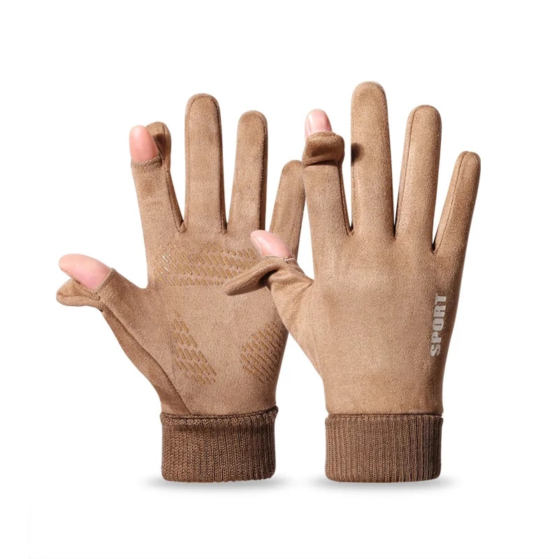 Faux Suede Gloves Winter Men, Soft Anti-Slip Gloves for Cycling, Hiking, Driving, Windproof Flip-Top, Ribbed Cuff Gloves