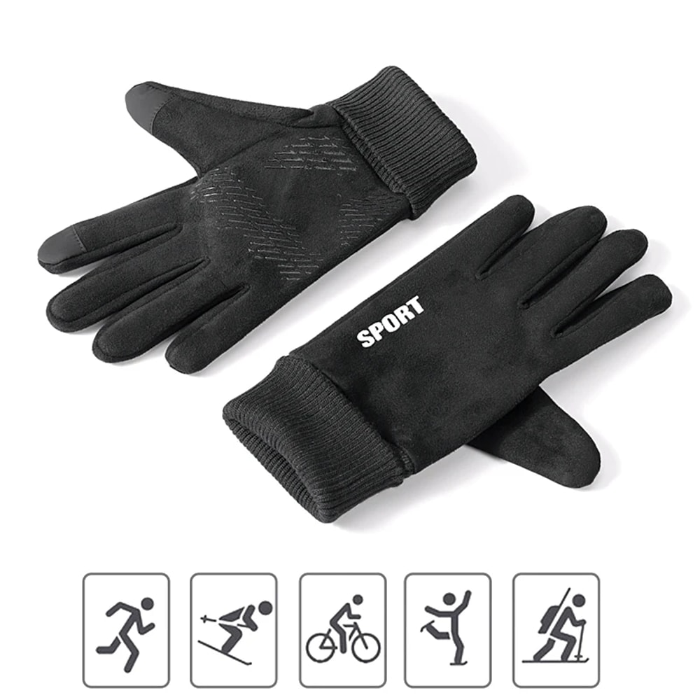 Faux Suede Gloves Winter Men, Soft Anti-Slip Gloves for Cycling, Hiking, Driving, Windproof Flip-Top, Ribbed Cuff Gloves