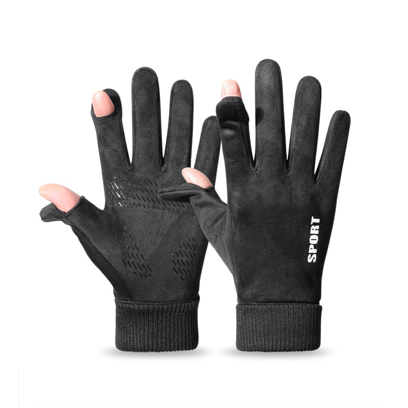 Faux Suede Gloves Winter Men, Soft Anti-Slip Gloves for Cycling, Hiking, Driving, Windproof Flip-Top, Ribbed Cuff Gloves