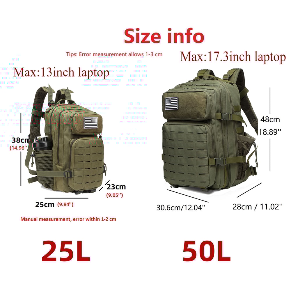 Tactical MOLLE Backpack for Men, Hunting & Outdoor EDC Rucksack, Gym Hiking Bag with 2 Bottle Holders