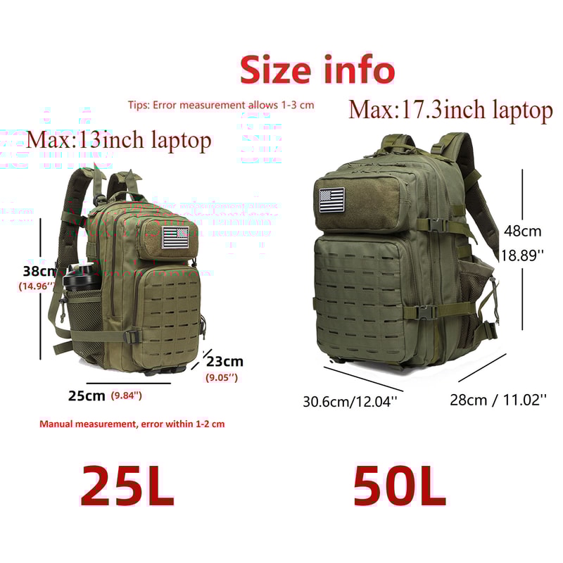 Tactical MOLLE Backpack for Men, Hunting & Outdoor EDC Rucksack, Gym Hiking Bag with 2 Bottle Holders