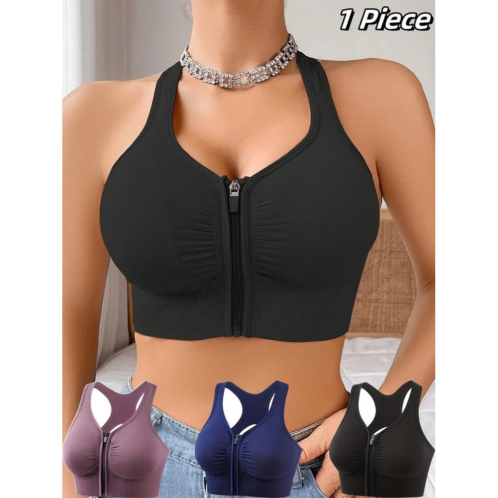 Womens Zipper Sports Bra Vest Plus Size Shock Resistant Bra Womens Yoga Running Fitness Bra For Act