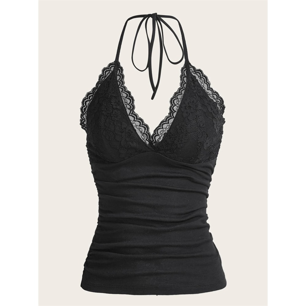 Goth Grunge Punk Black Lace Patchwork Halter Top Women Summer Solid Ruched Backless Sleeveless Tank 0