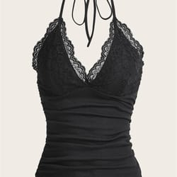 goth grunge punk black lace patchwork halter top, women summer solid ruched backless sleeveless tank top, streetwear
