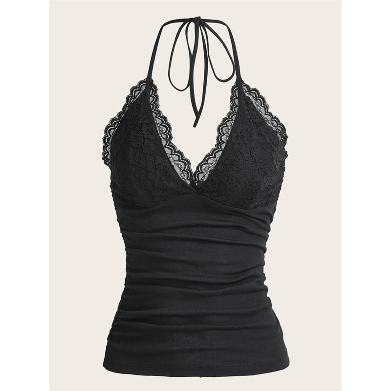 Goth Grunge Punk Black Lace Patchwork Halter Top Women Summer Solid Ruched Backless Sleeveless Tank 0