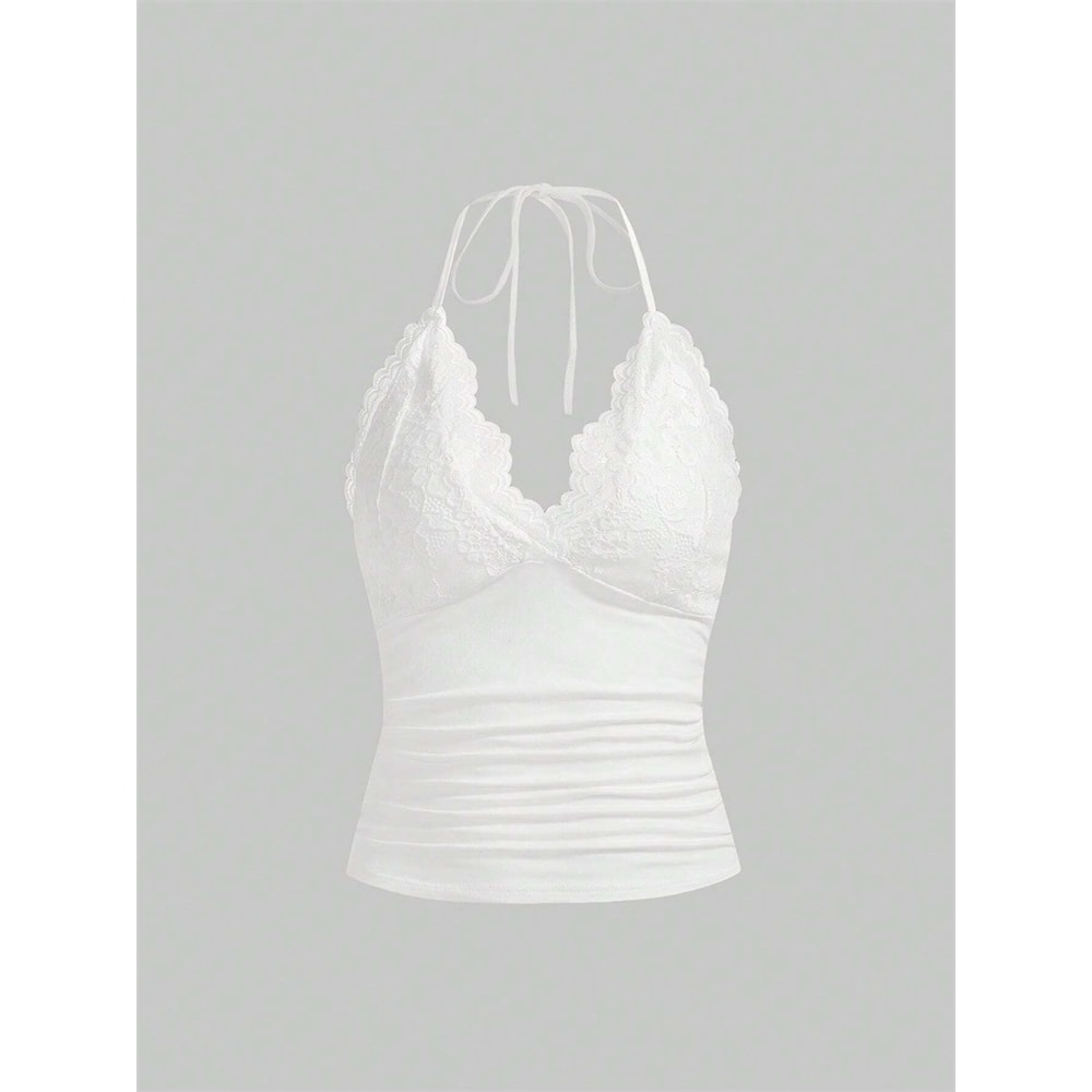 Goth Grunge Punk Black Lace Patchwork Halter Top Women Summer Solid Ruched Backless Sleeveless Tank 5