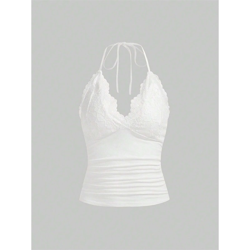 Goth Grunge Punk Black Lace Patchwork Halter Top Women Summer Solid Ruched Backless Sleeveless Tank 5