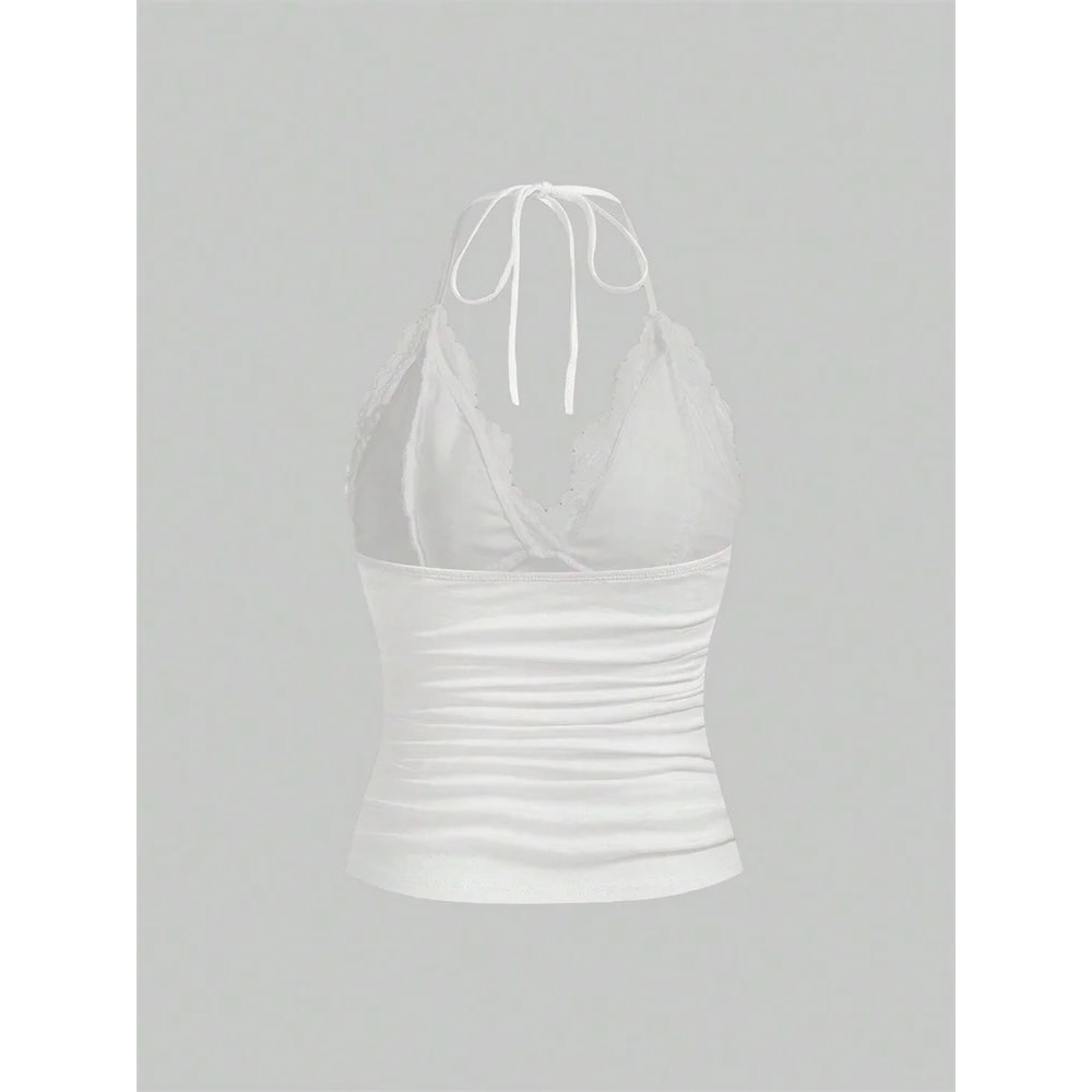 Goth Grunge Punk Black Lace Patchwork Halter Top Women Summer Solid Ruched Backless Sleeveless Tank 6