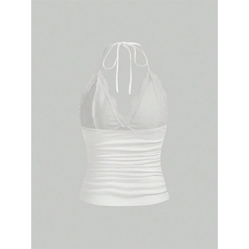 Goth Grunge Punk Black Lace Patchwork Halter Top Women Summer Solid Ruched Backless Sleeveless Tank 6