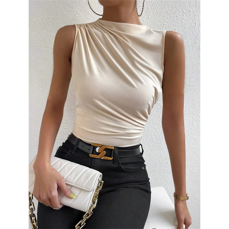 Fashion Casual Mock Neck Ruched Tank Top For Women Summer Solid Color Pleated Sleeveless Tee Shirt 0