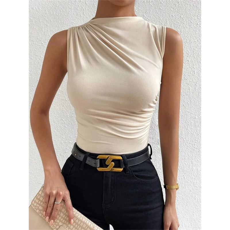 Fashion Casual Mock Neck Ruched Tank Top For Women Summer Solid Color Pleated Sleeveless Tee Shirt 2