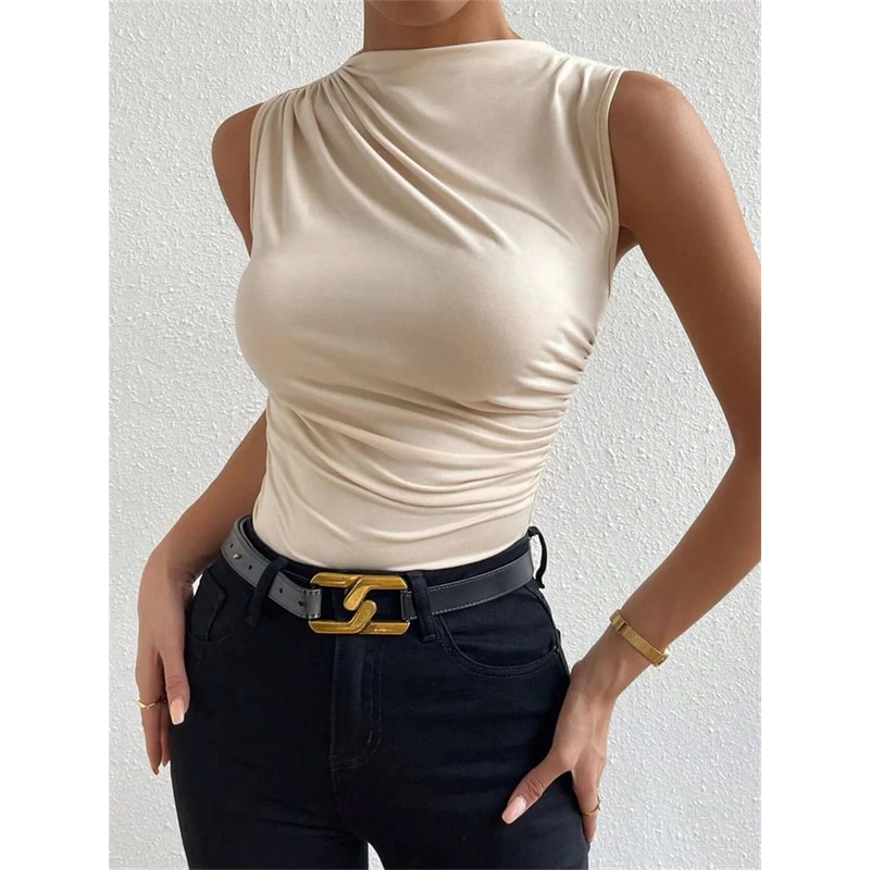 Fashion Casual Mock Neck Ruched Tank Top For Women Summer Solid Color Pleated Sleeveless Tee Shirt 3