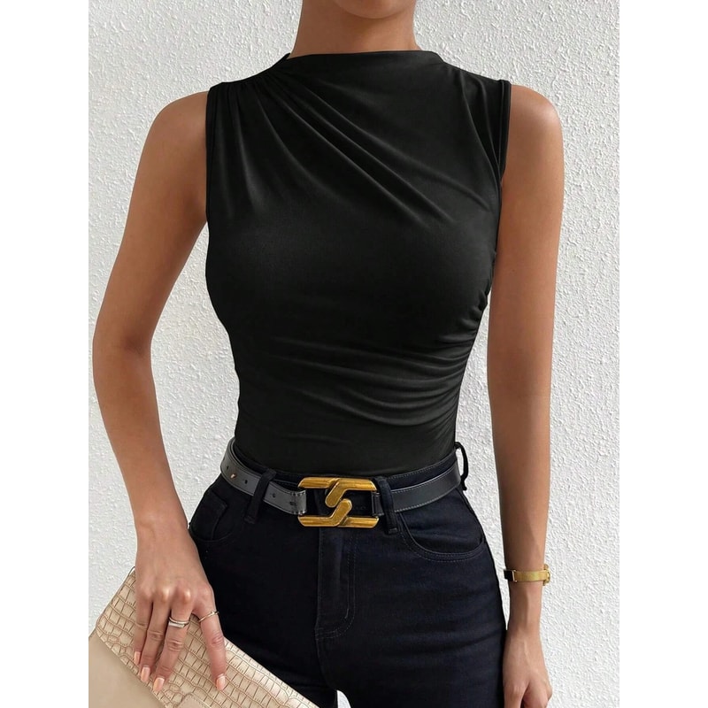 Fashion Casual Mock Neck Ruched Tank Top For Women Summer Solid Color Pleated Sleeveless Tee Shirt 5