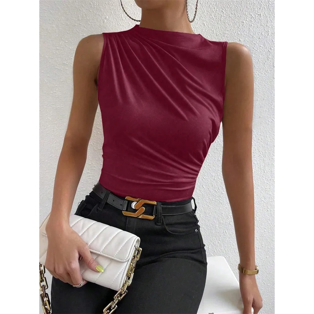 Fashion Casual Mock Neck Ruched Tank Top For Women Summer Solid Color Pleated Sleeveless Tee Shirt 6