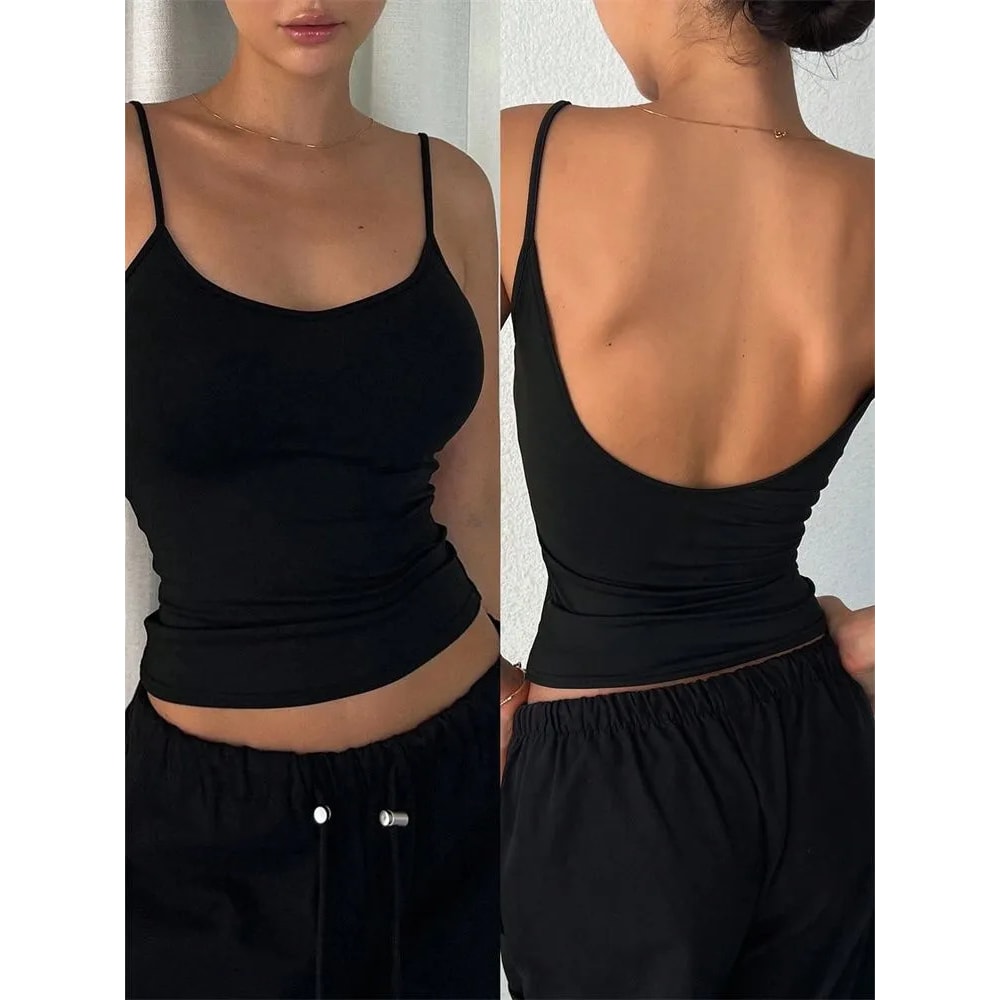 Women Backless Cami Crop Top Summer Solid Color Sleeveless Top Casual Streetwear Fashion 0