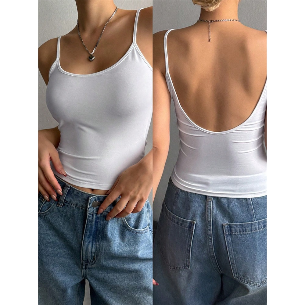 Women Backless Cami Crop Top Summer Solid Color Sleeveless Top Casual Streetwear Fashion 9