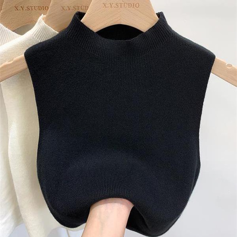 Womens Vest Tank Top Solid Color Knitted Tees Cropped Camisole Sweater HalfTurtleneck Sleeveless To 8