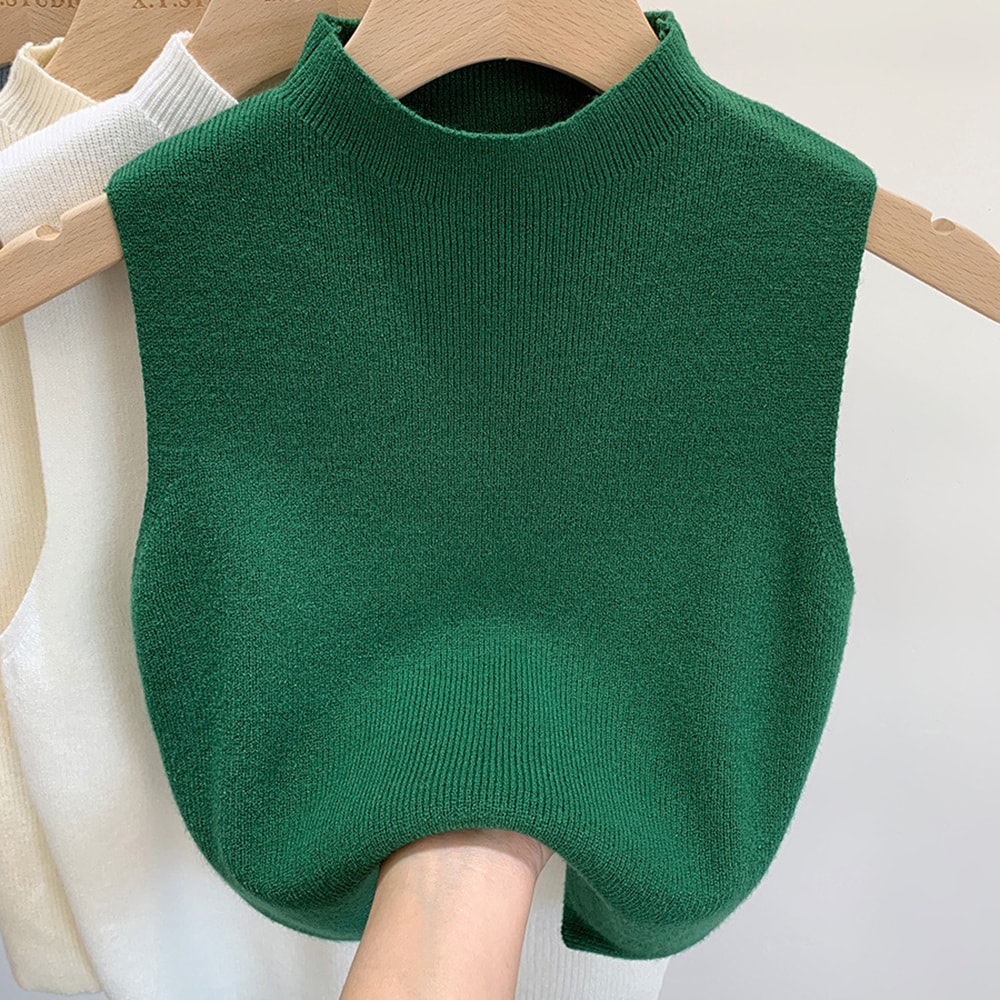 Womens Vest Tank Top Solid Color Knitted Tees Cropped Camisole Sweater HalfTurtleneck Sleeveless To 9