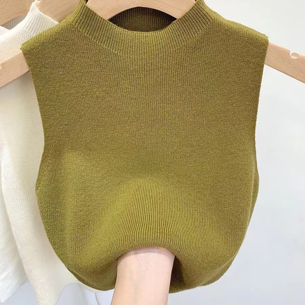 Womens Vest Tank Top Solid Color Knitted Tees Cropped Camisole Sweater HalfTurtleneck Sleeveless To 11