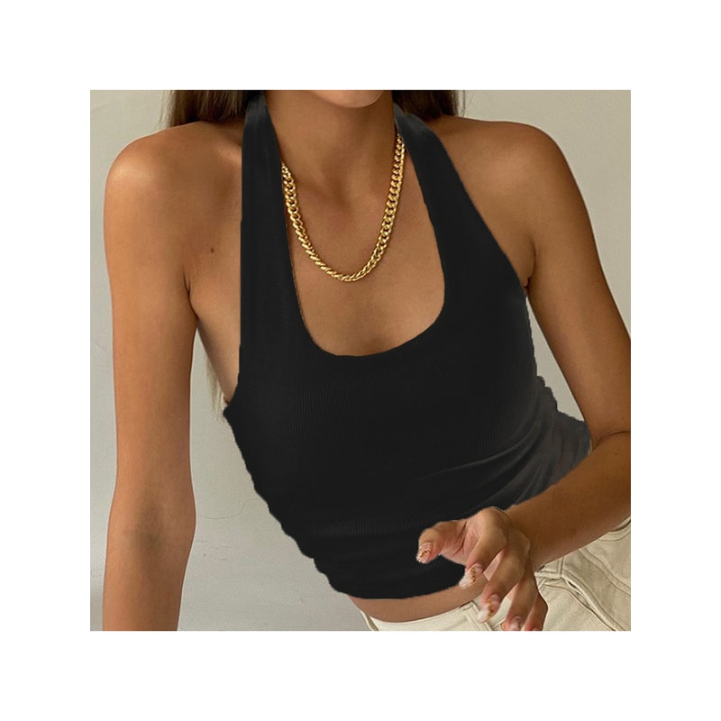 White Halter Sexy Backless Tank Top for Women, Sleeveless Ribbed Knit Vest, Cropped Streetwear