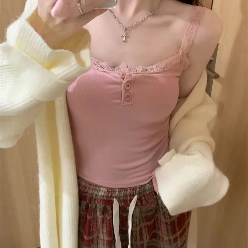 Sexy White Knit Camisole Lace Tank Top, Women's Sleeveless Crop Top, Slim Undershirt with Chest Pad, Cute Summer Ves