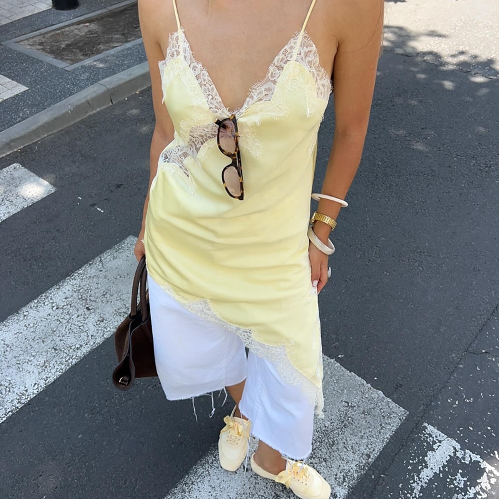 Combhasaki Women Floral Lace Trim Satin High Low Vest, Silk Spaghetti Strap Side Split Asymmetrical Cami, Flowy Silky