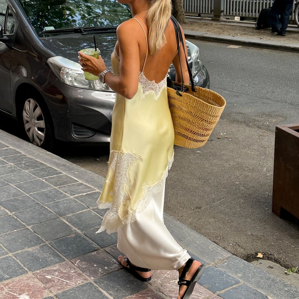 Combhasaki Women Floral Lace Trim Satin High Low Vest, Silk Spaghetti Strap Side Split Asymmetrical Cami, Flowy Silky