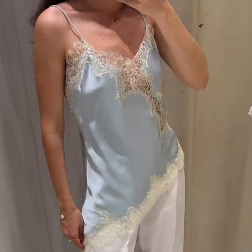 Combhasaki Women Floral Lace Trim Satin High Low Vest, Silk Spaghetti Strap Side Split Asymmetrical Cami, Flowy Silky