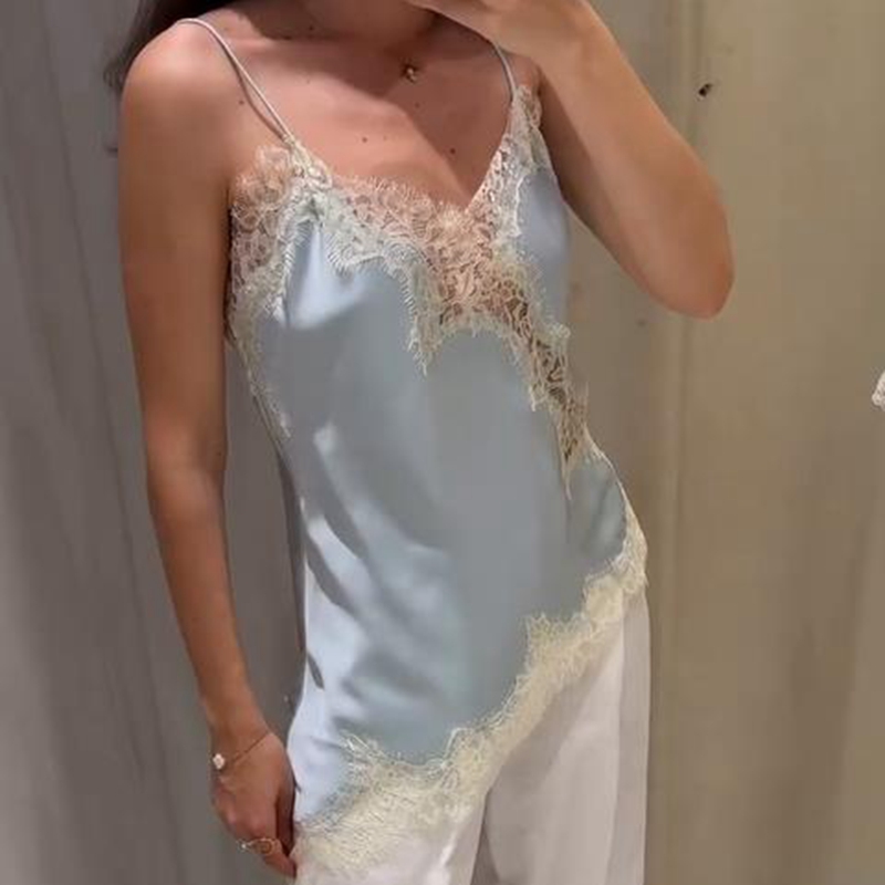 Combhasaki Women Floral Lace Trim Satin High Low Vest, Silk Spaghetti Strap Side Split Asymmetrical Cami, Flowy Silky