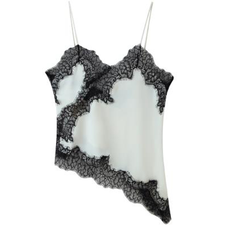 Combhasaki Women Floral Lace Trim Satin High Low Vest, Silk Spaghetti Strap Side Split Asymmetrical Cami, Flowy Silky