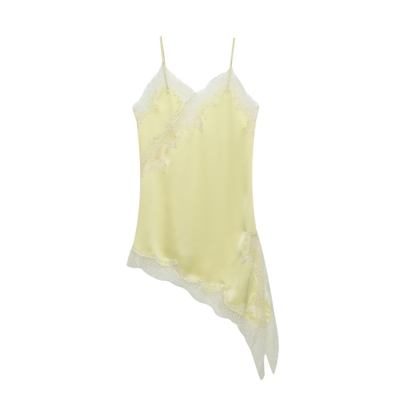 Combhasaki Women Floral Lace Trim Satin High Low Vest, Silk Spaghetti Strap Side Split Asymmetrical Cami, Flowy Silky