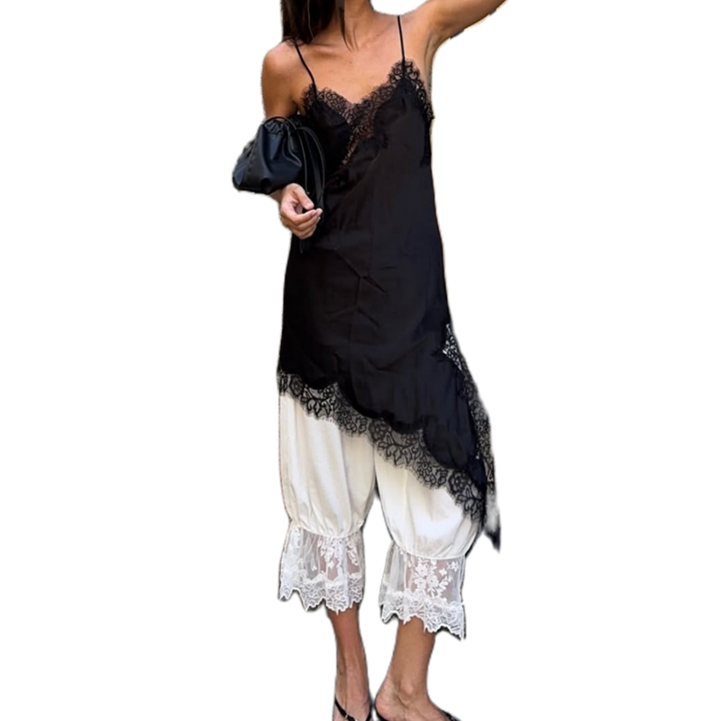 Combhasaki Women Floral Lace Trim Satin High Low Vest, Silk Spaghetti Strap Side Split Asymmetrical Cami, Flowy Silky